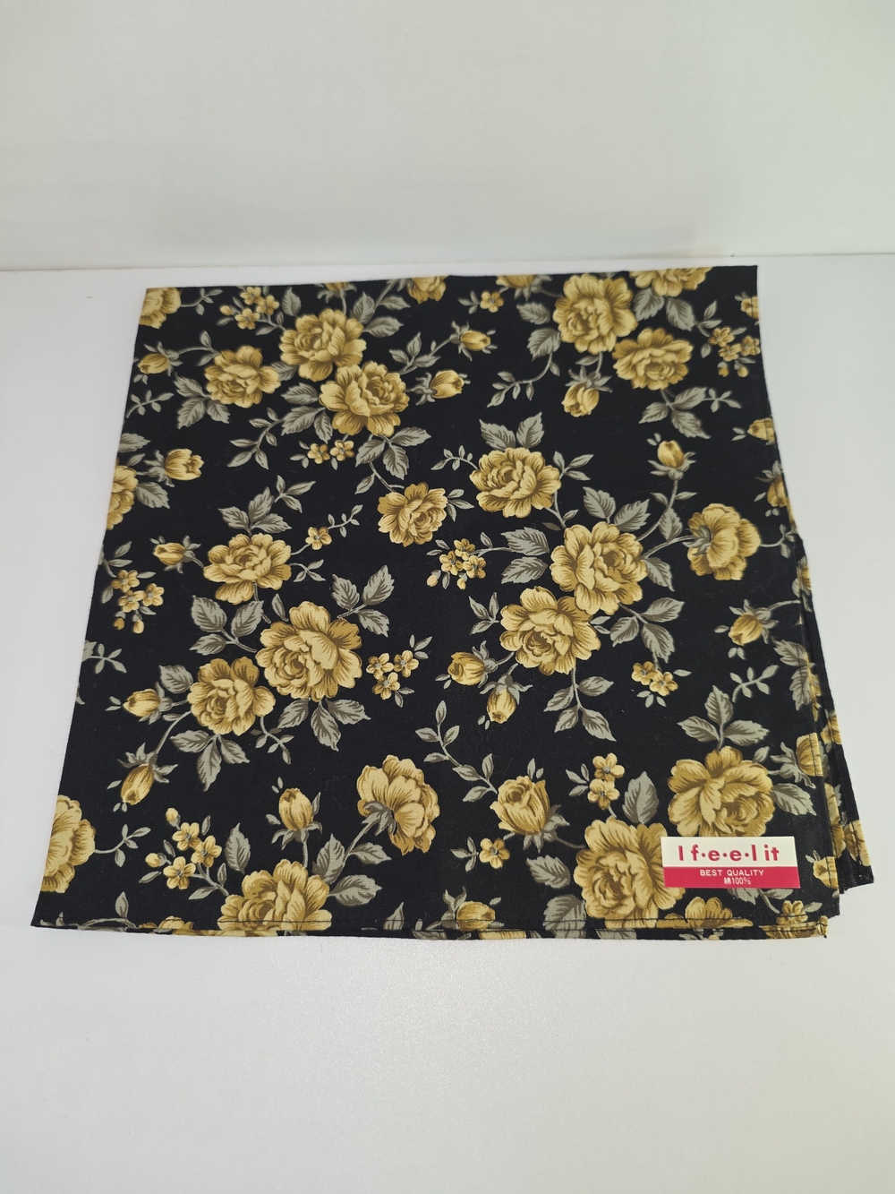 Black Floral W/ Yellow Rose Print Small Cotton Scarf